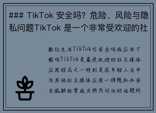 ### TikTok 安全吗？危险、风险与隐私问题TikTok 是一个非常受欢迎的社交媒体平台，